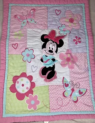 Disney Baby Minnie Mouse Plush Bow Crib Toddler Blanket Quilt Embroidered 40x30 • $20.59