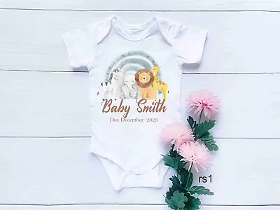 RS1 Personalised Rainbow Safari Animals Baby Due In Vest Sleepsuit  Baby Grow • £6.99