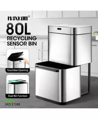 80L Dual Rubbish Bin Sensor Recycling Kitchen Waste Trash Garbage Can Silver • $171