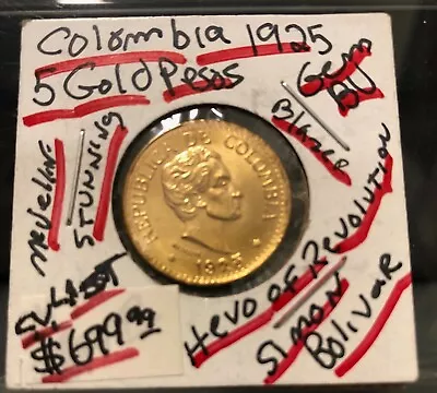 COLOMBIA 5 PESOS GOLD 1925 LUSTROUS RARE COIN-DEPICTS SHIELD AND SIMON BOLIVAR X • $584.99