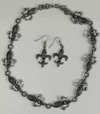 Fluer De Lis Antiqued Fashion Jewelry Set Womens Silver Tone Choker Earrings • $7.99