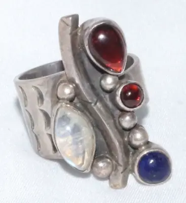 Vintage Sterling Ring Accented W Tanzanite Garnet & Moonstone Adjust Sz (LoC)L2 • $82.49