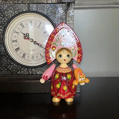 Made In Russia Hand Painted Wooden Folklore Ornament Doll Holding Cat 8” Tall • $26.99