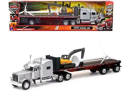 Peterbilt 389 Truck With Flatbed Trailer Silver Metallic With Excavator And Win • $72.25