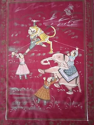 Vintage Indian Water Color Hand Made Painting Of Tiger Hunting With Elephant • £29.99