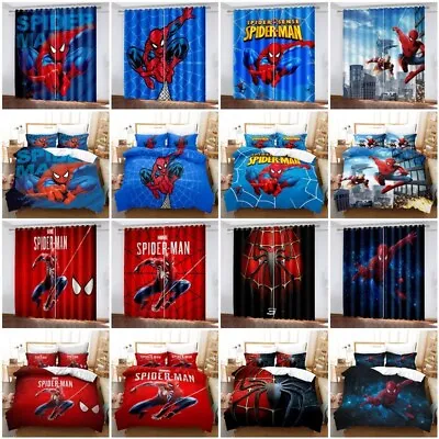 3D Marvel Avengers Spiderman Superhero Bedding Set Pillowcase Blackout Curtains • £22.48