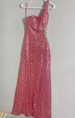 La Femme Dress Women 2 Pink Sequin One Shoulder Crystal Cut Out Prom Black Tie • $129.99