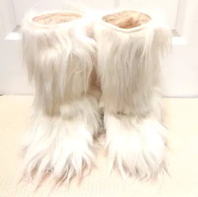 VTG ITALY BOHO Ivory Shaggy Yeti Snow Apres Ski Boots FUR GOAT 8.5/ 9 Insulated • £144.77