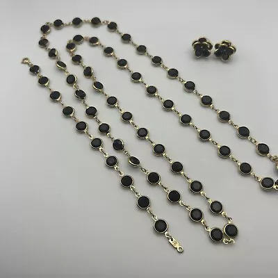 Swarovski Black Crystal Gold Bezel Bracelet Necklace Earrings Set Swan Mark Vtg • $48