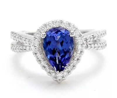 2.39 Carat Natural Blue Tanzanite And Diamonds In 14K Solid White Gold Ring • £1285.11