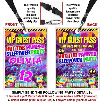  HOT TUB PAMPER SLEEPOVER LANYARD VIP Guest Party Pass Invite Pink Blue Or Red • £1.95