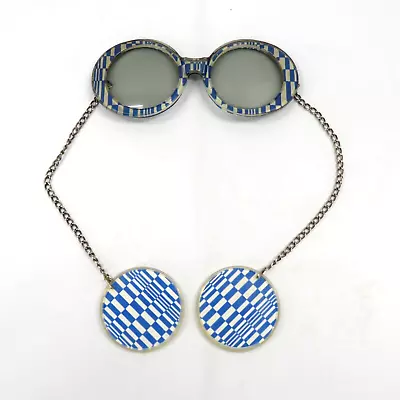 Vintage 1960's/70's Mod Round Sunglasses W/Chain Chess Pattern • $76.41