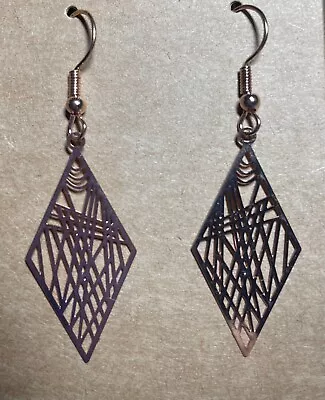 HANDMADE Rose Gold Plated Diamond Shape Laser Cut Hook Earrings • $11.95