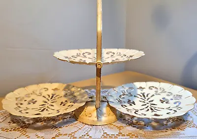 Rustic Distressed Style Metal 3-Tier Filigree Folding Clamshell Serving Tray • $18