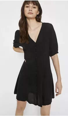 Warehouse Black V-neck Tea Dress. Ruffle Detail & Button Front UK 12 RRP £49 NEW • £18.99