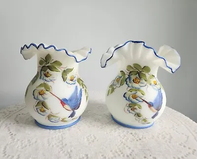 Pair Of Mosser Glass Hand Painted Hummingbird Vases Fenton Style • $79