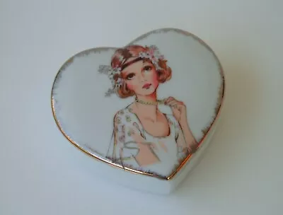 Pretty Lady Porcelain Heart Shaped Trinket Box Gold Brushed Trim Lego Japan Vtg • $14.98