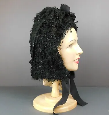 Victorian Black Knit Winter Bonnet 1800s Fancy Beaded Loops And Chainlink Knit • $90