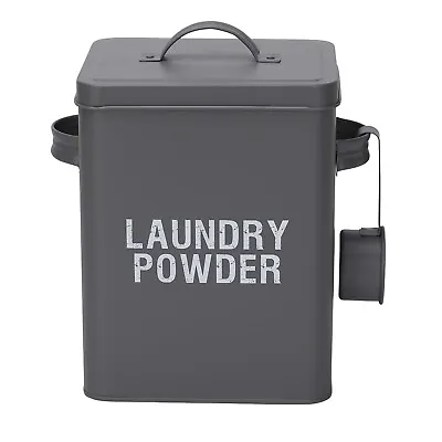 Laundry Powder Detergent Metal Storage Tin Box Measuring Scoop Lid Handle Grey • £11.99