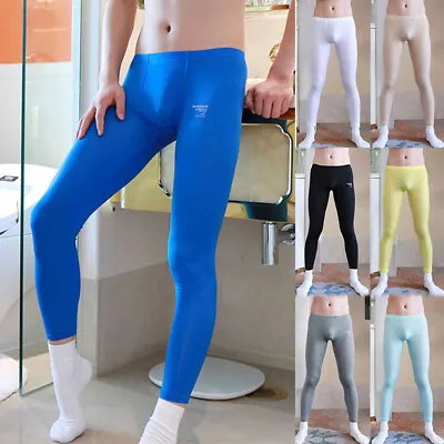 ❤Men Ice Silk Long Thermal Underwear Bottom Elastic Sports Tight Leggings Sexy • £7.91