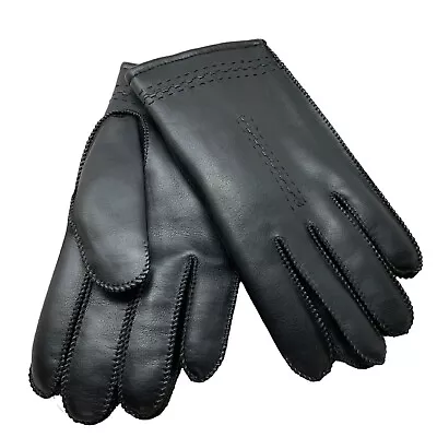 Mens Gloves Black Vegan Faux Fur Lining Stitched Fingers Size Meduim • $21.99