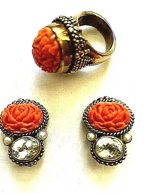 STEPHEN DWECK Carved Coral RING 5.75 + Coral Earrings Vtg Set • $695