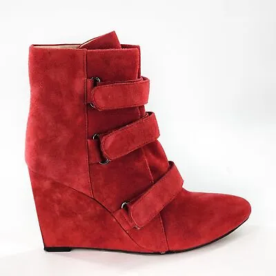 MISS SIXTY Red Suede Hook & Loop Wedge Heel Ankle Booties Size 39 7.5 8 • $120