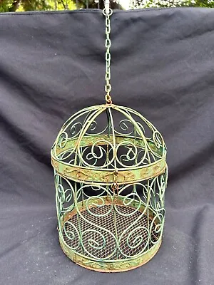 Vtg METAL WIRE BIRD / PLANT CAGE   13”x9.5” Green Antique Filigree Shabby Chic • $23.75