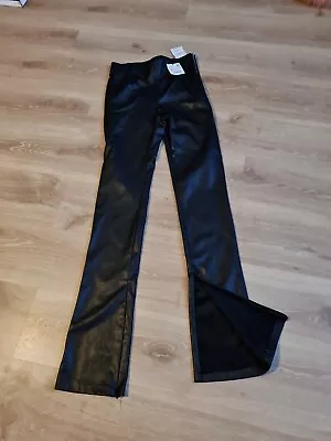 Zara Faux Leather Leggings M / 8 10 Black Hi Rise Extra Long Trousers Zip Hems • £15