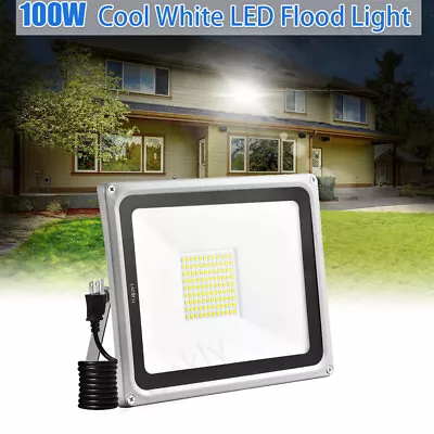 Plug-in 100W LED Flood Light Outdoor Yard Spotlight Security Lamp Cool White • $13.99