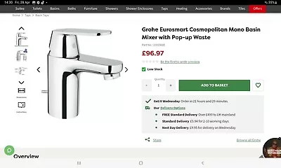 £55 • Buy Basin Tap And Waste, Grohe Eurosmart Comopolitan