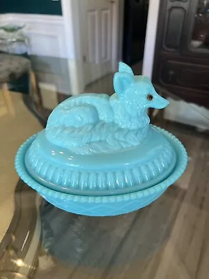 Vintage Westmoreland Blue Milk Glass Fox On Nest Covered Dish 7 1/2 X 6 • $137.95