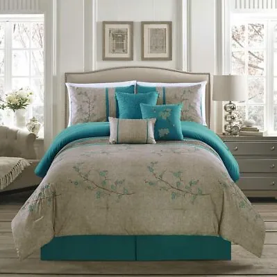 Teal Blue Embroidered Floral Blossoms 7 Pc Comforter Set Full Queen Cal King Bed • $127.90