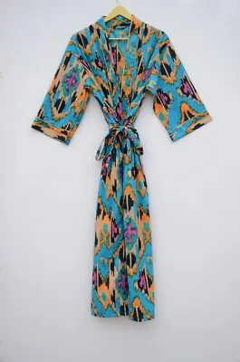 $36.29 • Buy Indian Women's Turquoise IKAT Print Kimono Cotton Bath Robes Maxi Night Gowns AU