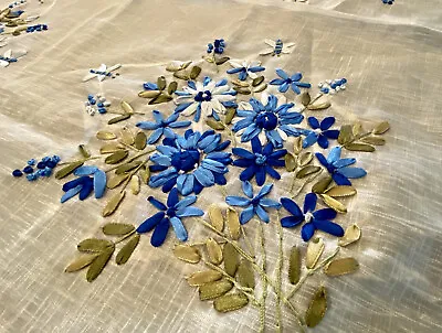 Sweet Vintage Tablecloth With Ribbon Embroidered Flowers & Tassled Corners 34” • $14.99