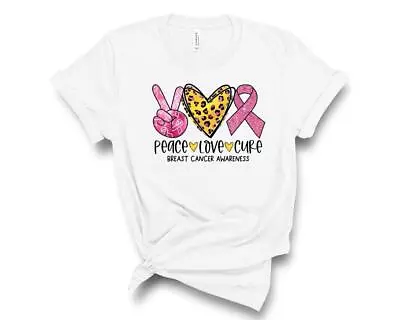 $25.10 • Buy Pink Ribbon Peace Love Cure Leopard T-Shirt Breast Cancer Awareness Shirt