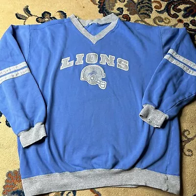 Vintage 90s Detroit Lions NFL  Vneck Sweatshirt Football Blue XL • $35