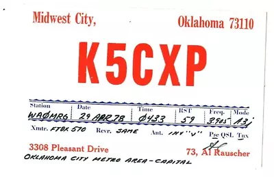 K5CXP Midwest City OK 1978 QSL Ham Radio Postcard WA0MRG Sedgwick Colorado • $7.99