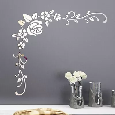 3D Mirror Roses Corner Wall Sticker Decal Flower Decoration Acrylic 75*75cm • £5.99