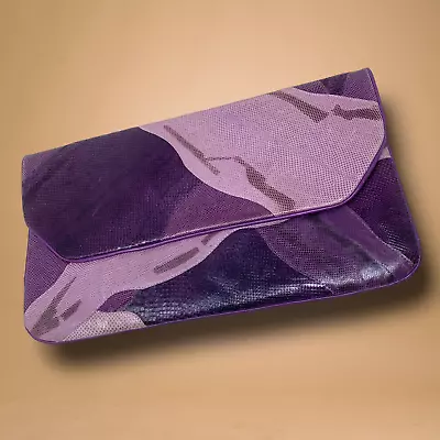 Vintage 1980's Purple Snake Reptile Leather Abstract Envelope Clutch Purse Bag • $36.74