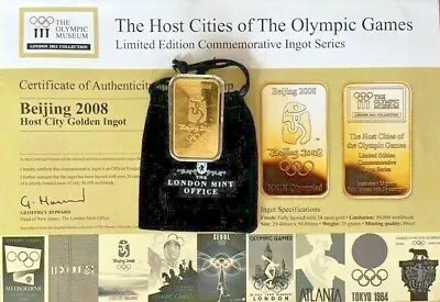 London Olympic 2012 Host Cities Beijing 2008 24ct Layered Ingot With Certificate • £22