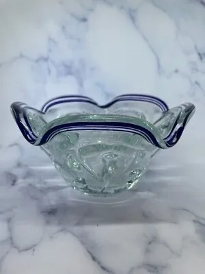 Vintage Murano Art Glass Dish Bowl Handmade Navy Blue Bands Italy  • $23.99