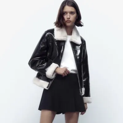 ZARA DOUBLE-Faced Faux Fur Jacket Black White Collared XSM NEW • $79