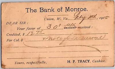 Union West Virginia Bank Of Monroe Antique 1905 Receipt For Deposit Postcard • $7.81