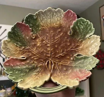 Antique Majolica Plate Czech  Pottery Maple Leaf Plate Handle Dish C1900 Art • $25.60