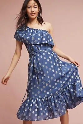 $148.77 • Buy $428 Anthropologie Shoshanna Mykonos One-Shoulder Polka Dots Dress New 6 Blue