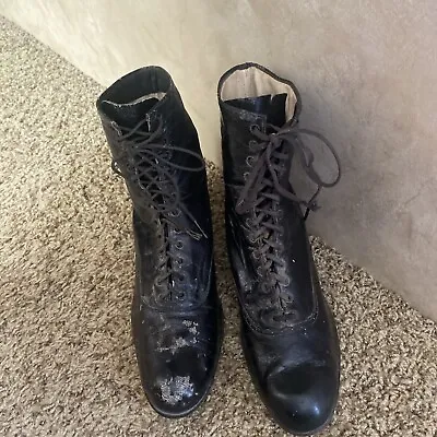 Antique/vintage  Leather Boots Lace Up Women's Black • $25