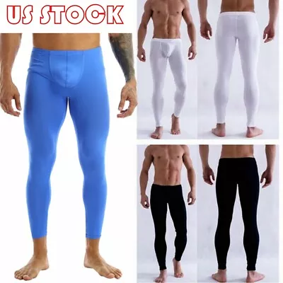 $12.21 • Buy US Men Thin Ice Silk Long Johns Compression Pants Bulge Pouch Yoga Trousers