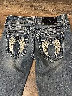 Miss Me Jeans Y2K Thick Stitch Skinny Studded Flap Pockets Angel Wings Size 25 • $25