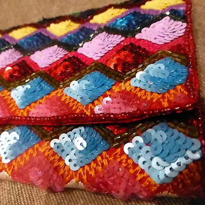 Handmade Multi-Coloured Sequences Vintage Embroidered Indian Clutch Bag • $46